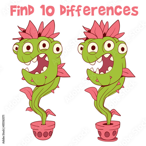 Find 10 differences in the picture. Educational game for kids. Attention task. Funny cartoon character. Worksheet page. Activity book. Vector illustration