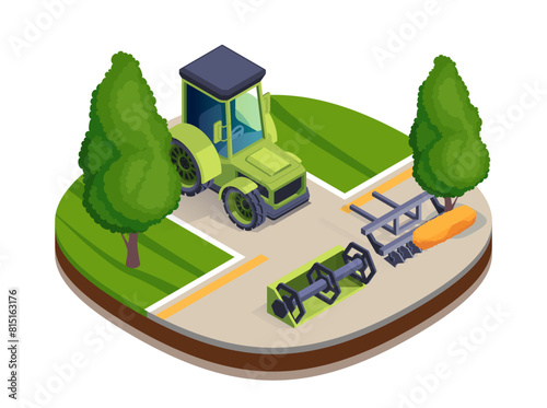 Isometric farm tractor and equipment on a patch of land with trees, in vector illustration style on a plain background, concept of agriculture.