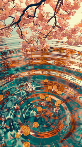Bitcoins and Cherry Blossoms Floating on Water Reflecting Sky