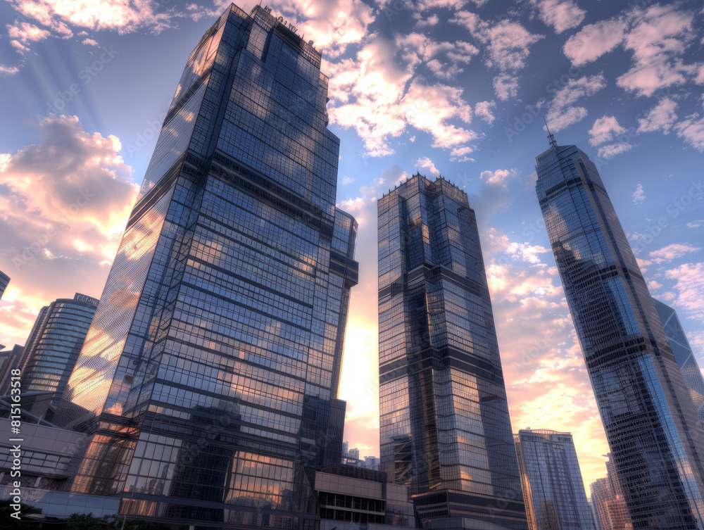 Obraz premium Sunset Reflections on Modern Skyscrapers in Urban Skyline