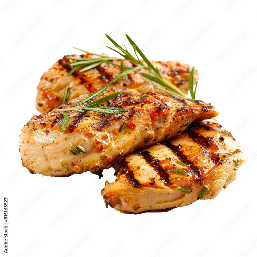A grilled chicken garnished with rosemary sprigs on a Png background, Grilled chicken on plate isolated on a whiteor transparent background A grilled chicken garnished with rosemary sprigs on a Png background, Grilled chicken on plate isolated on a whiteor transparent background