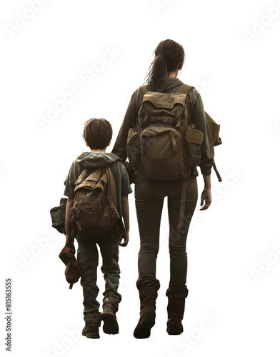 Post apocalyptic dystopian survivor mother and child walking away. Full view. Standing, Back rear view. Isolated transparent PNG background. Ideal for book covers, movie posters and much more. 