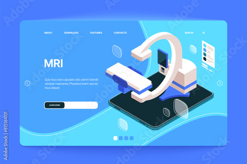 Isometric illustration of an MRI machine on a smartphone interface, with navigation options, on a blue gradient background, concept of medical technology. Website template. Vector illustration