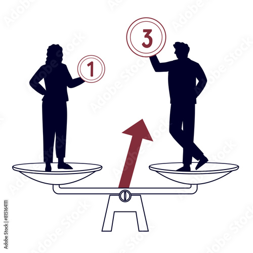 Gender gap, injustice and inequality in wages, income and career gaps between men and women. Businessman and businesswoman standing on scales, flat vector illustration isolated on white.