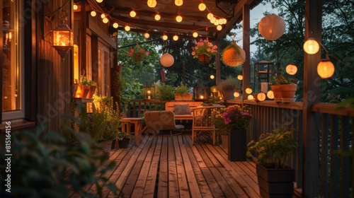 A wooden deck adorned with string lights and potted plants  creating a cozy outdoor space.