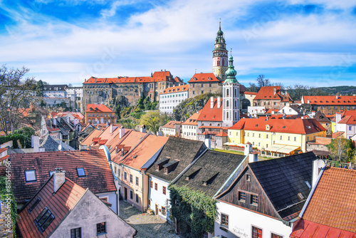 Cesky Krumlov historic center aerial view. Cesky Krumlov, historic center aerial view with cathedral tower, Czech Republic 