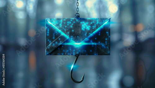 Phishing Awareness A conceptual image of a fishing hook disguised as an email icon, warning viewers about the dangers of falling for phishing scams and fraudulent emails  photo