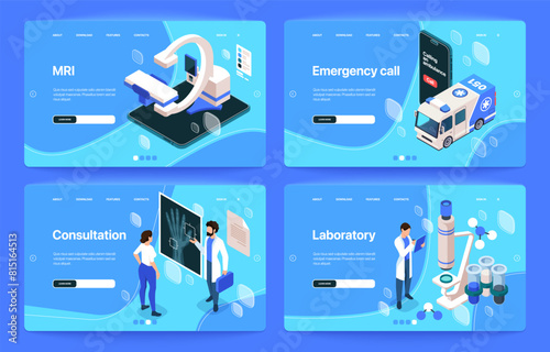 Four isometric illustrations related to medical services: MRI, emergency call, doctor consultation, laboratory on blue background. Web page templates. Set of vector illustrations