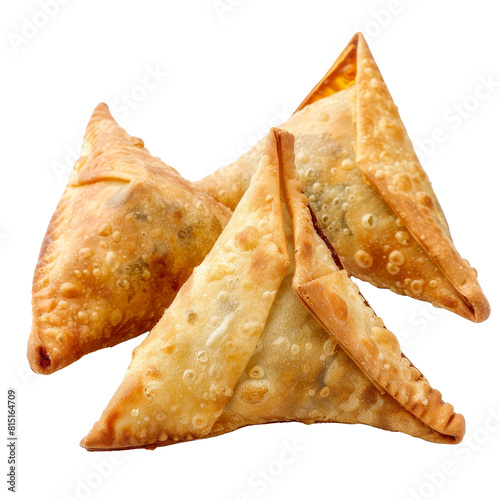 Three freshly fried samosas  shaped like triangles  displayed on a clean white surface  a Beaver Isolated on a whitePNG Background