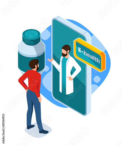 Man interacting with a virtual doctor on a large smartphone screen, concept of e-health. Vector illustration isolated on white background