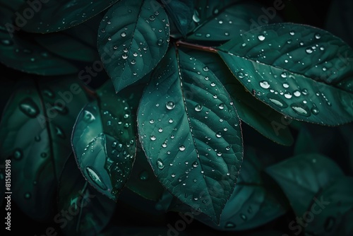 Dark green leaves with dew water drops natural macro background