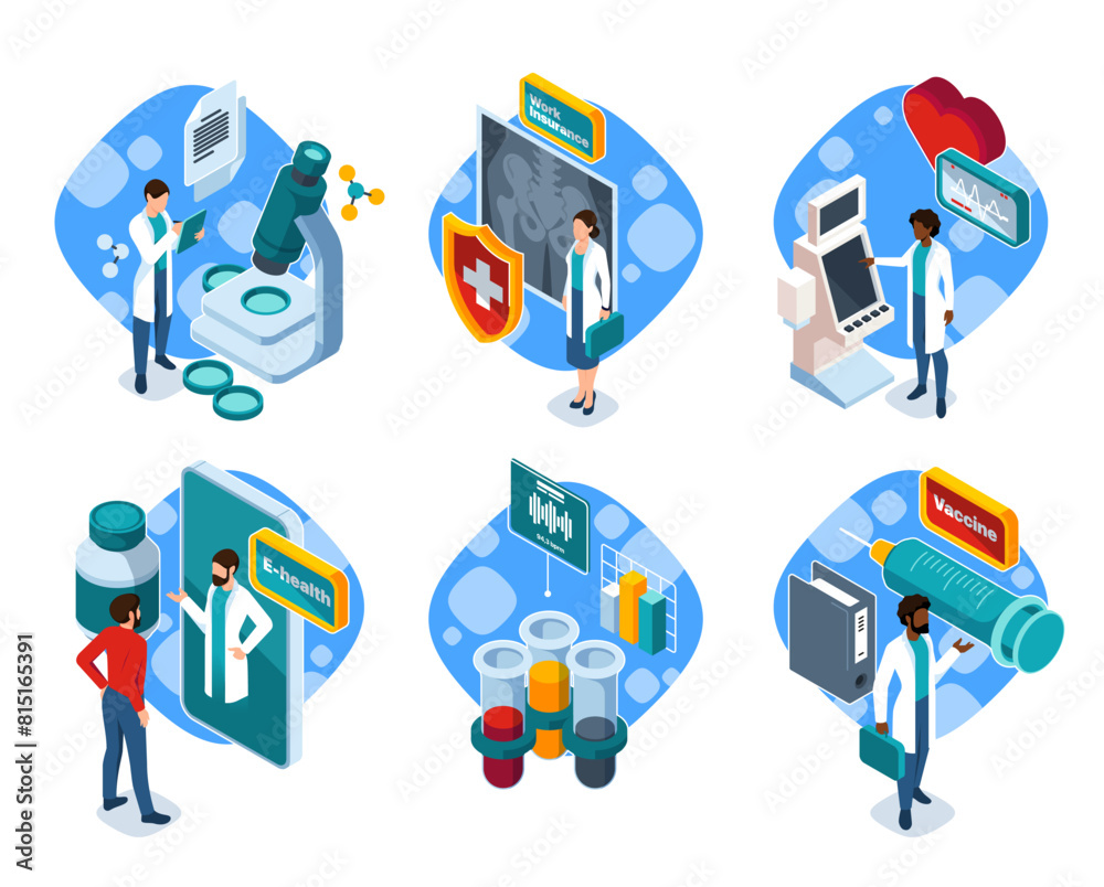 Isometric healthcare-related scenes with professionals, equipment, and technology, on a white background, depicting modern medical concepts. Set of vector illustrations isolated on white background