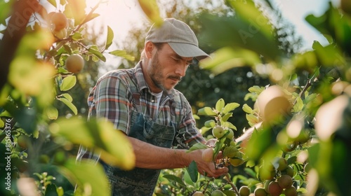 A man is actively picking ripe apples from trees in a sunny orchard setting.