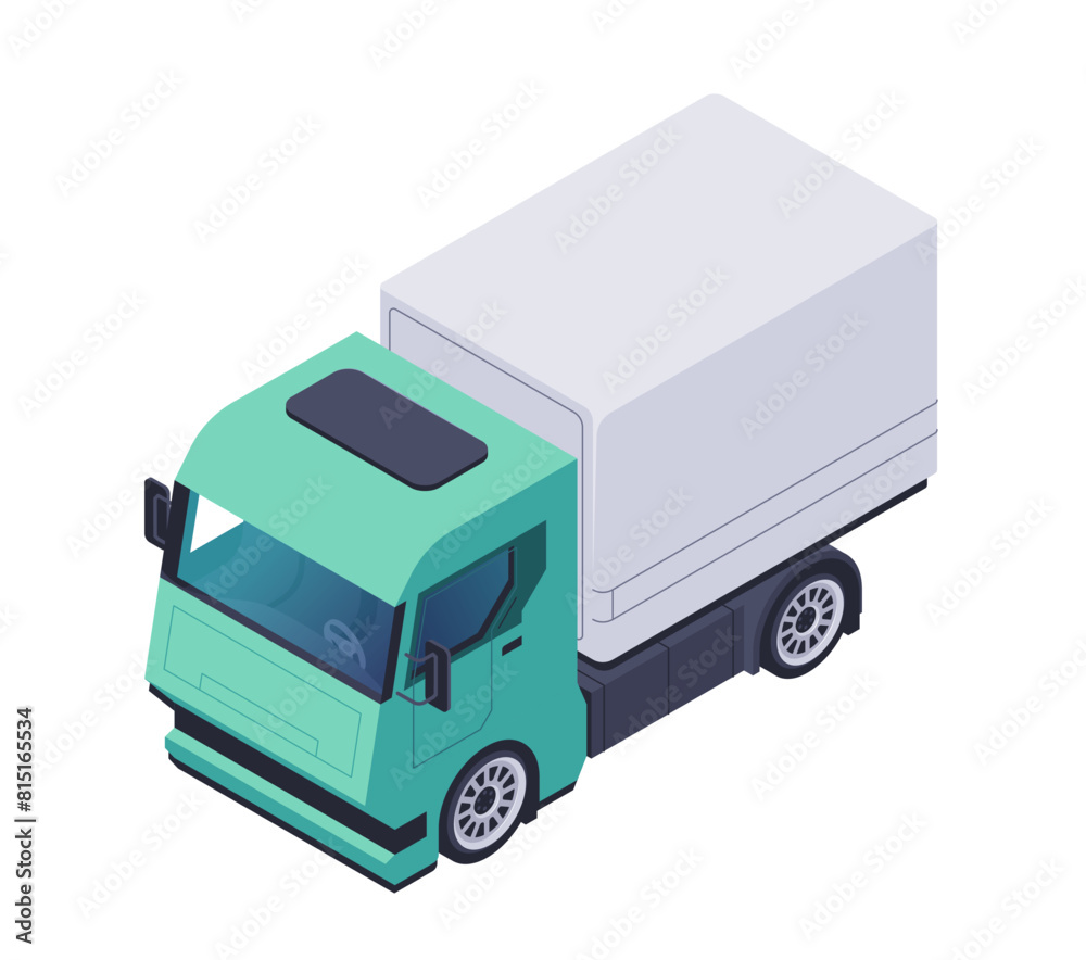 Turquoise delivery truck on a plain white background, concept of logistics and transportation. Isometric vector illustration isolated on white background Turquoise delivery truck on a plain white background, concept of logistics and transportation. Isometric vector illustration isolated on white background