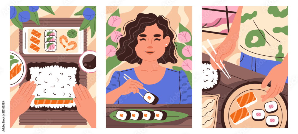 People making and eating sushi. Girl trying sushi. Concept of asian food, sushi. Vector vertical illustrations set. 