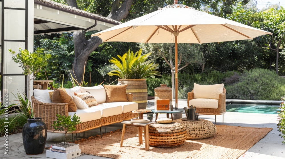 Fototapeta premium A patio equipped with wicker furniture including chairs and tables, underneath an umbrella providing shade on a sunny day.