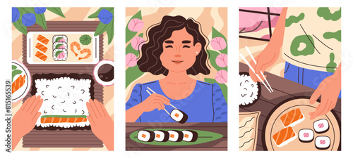 People making and eating sushi. Girl trying sushi. Concept of asian food, sushi. Vector vertical illustrations set. 