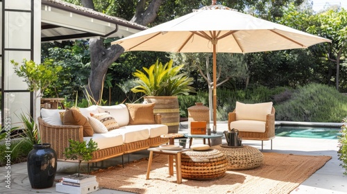 A patio equipped with wicker furniture including chairs and tables, underneath an umbrella providing shade on a sunny day.