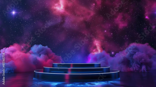 Background podium 3D product display stand platform, Space Odyssey: A cosmic-themed stand with starry backdrops and celestial designs.