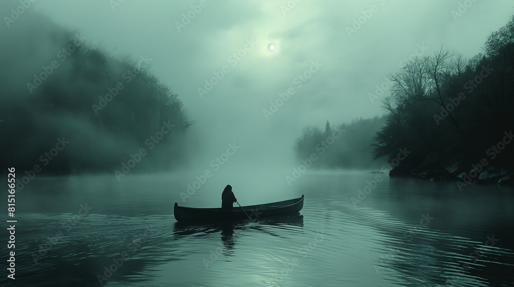 Fototapeta premium An atmospheric shot of the river Styx, winding its way through the dark underworld, with the ferryman Charon guiding the souls of the dead across its murky waters in his creaking b