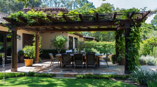 A well-appointed outdoor dining space under a wooden pergola surrounded by lush greenery and a tranquil garden.