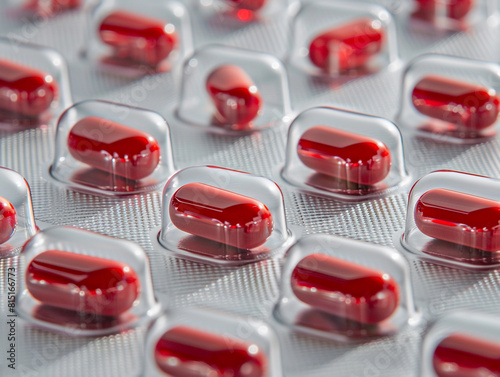 Array of Red Capsule Pills in Blister Pack