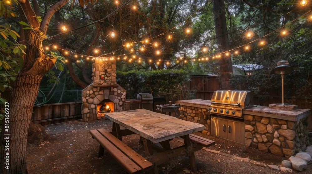 A charming backyard setup with a stone fireplace, grill, and string lights under the evening sky.