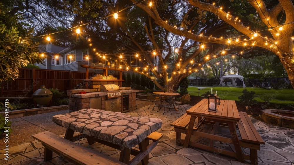 A backyard featuring string lights illuminating a picnic table, creating a cozy and inviting outdoor dining area.