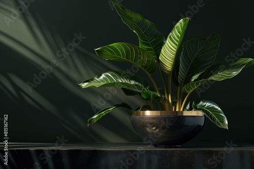 A potted plant sits on a table in front of a wall photo