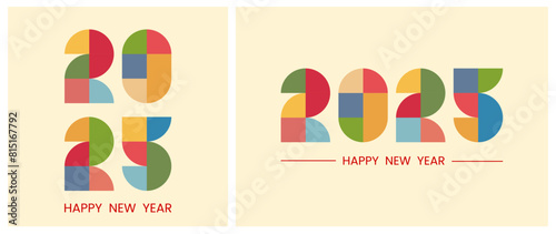  Happy New Year 2025 Abstract Geometric Text Design Set. Multicolored Numbers made of geometric shapes. Notebook cover, brochure design template, postcard, banner. Isolated on a light background. EPS