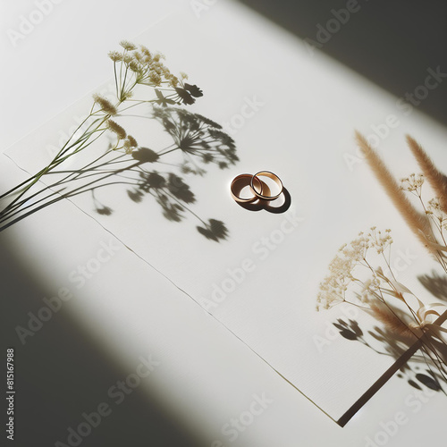 still life raffinato di fedi nunziali e fiori di campo su sfondo bianco con ombre drammatiche create da fonte di luce naturale e spazio bianco photo