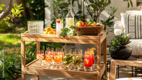 A wooden bar cart holding various drinks such as cocktails, wine, and spirits in glass bottles and decorative glasses.