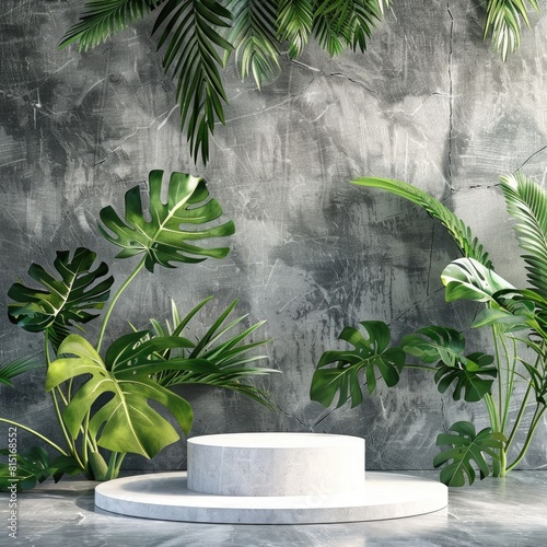 Beauty Product Display with Tropical Green Leaves on Stone Slabs Background