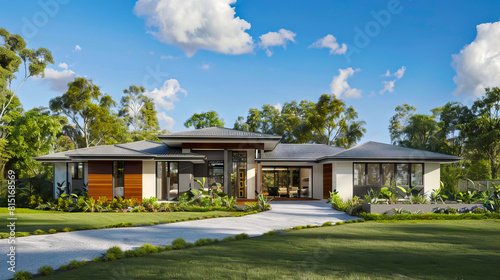 A modern home with a large front yard. © VISUAL BACKGROUND