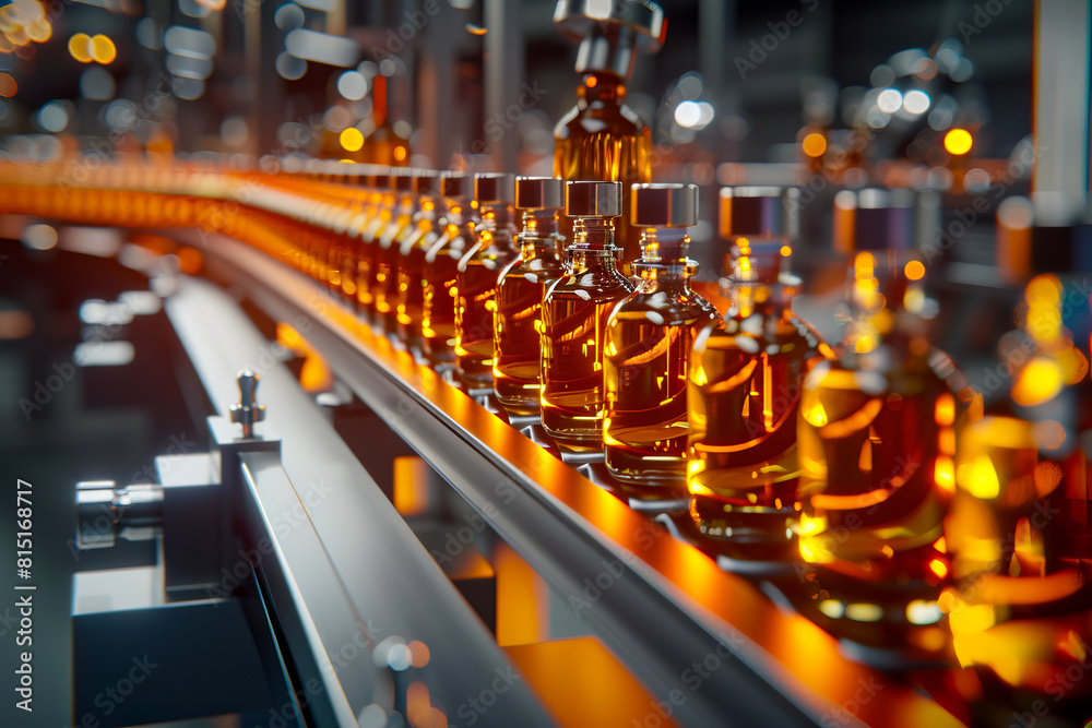 A line of bottles on a conveyor belt. A line of bottles on a conveyor belt.