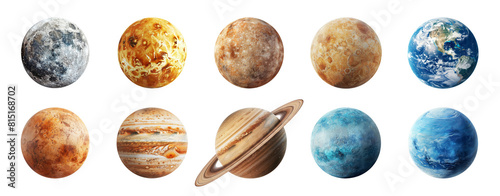 Set of solar system planets and Moon isolated on transparent background. Mercury, Venus, Earth, Mars, Jupiter, Saturn, Uranus, Neptune. Realistic planets, satellite, star. Celestial bodies collection