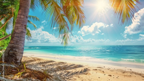 A tropical beach scene with tall palm trees lining the shore and the crystal-clear ocean stretching out in the background under a clear blue sky