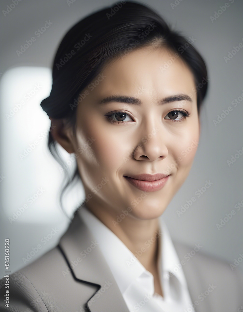 portrait of asian business woman with sincere smile, isolated white background, copy space for text
