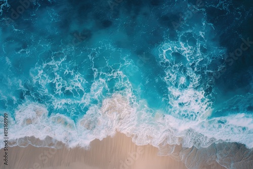 Blue Ocean Beach. Aerial Drone Shot of Sunny Tropical Beach with Blue Ocean Waves
