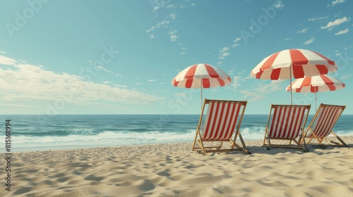 Three blue beach chairs with matching umbrellas are set up on the sandy shore, facing the ocean. The chairs are empty, suggesting a peaceful and relaxing beach day