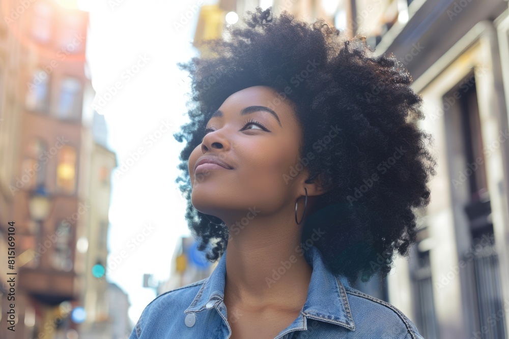 City Person. Hipster African American Girl Dreaming of a Happy Future in Urban Setting