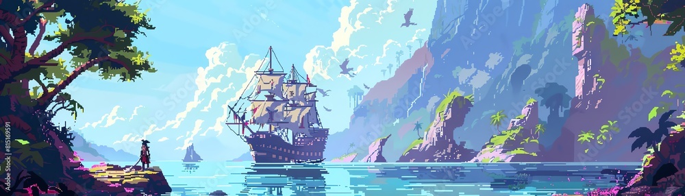 Naklejka premium A pirate ship sails through a narrow strait between two large cliffs