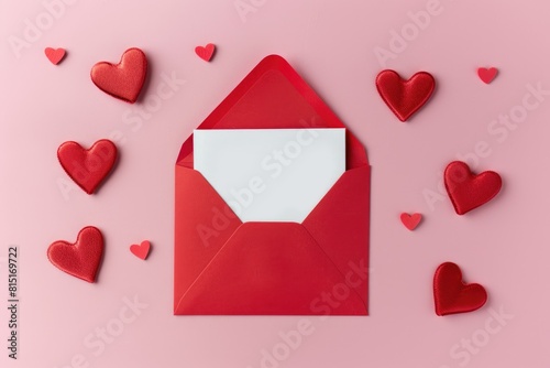 Romantic Love Letter for Valentine's Day. Red Envelope with Blank Note Mockup and Valentine Hearts