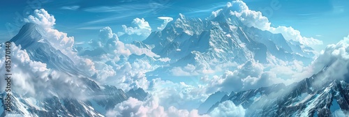 Sky Clouds Mountains. Banner View of Alpine Peaks in Winter under Blue Skies and Clouds