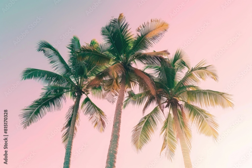 Summer Trees. Pink Sky Sunset Backlighting over Caribbean Palm Trees on Beach Coastline Summer Trees. Pink Sky Sunset Backlighting over Caribbean Palm Trees on Beach Coastline