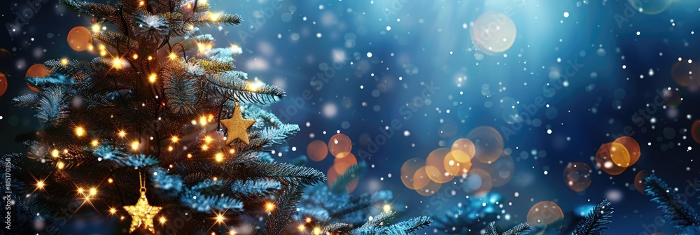 Happy Holidays Background. Festive Christmas Party with Decorated Tree and Winter Theme