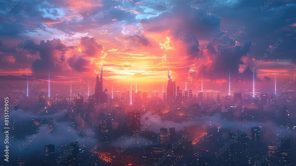 Futuristic cityscape with buildings projecting bright beams into the night sky