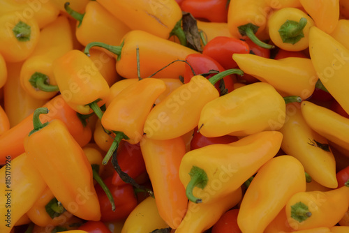 Background pattern of stacked peppers on sale at the market