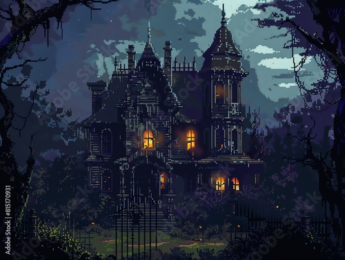 A large, creepy, haunted house sits on a hill overlooking a small town. The house is surrounded by a dark forest, and there is a full moon in the sky.