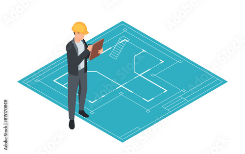 Isometric illustration of an architect with a clipboard on a blueprint background, symbolizing project planning. Vector illustration isolated on white background